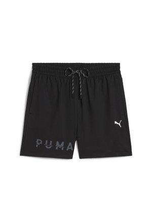 Svarta sportshorts i mjukt tyg, med elastisk midja och dragsko, samt en stor "PUMA"-logotyp i mörkgrått på framsidan.