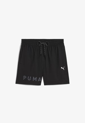 Mustad sportlikud lühikesed püksid pehmest kangast, millel on elastne vöökoht koos nööriga ning ees suur tumehall "PUMA" logo.