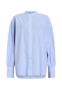 Chemise à manches longues bleu clair avec des rayures verticales, col arrondi, fermeture à boutons sur le devant et poignets rayés contrastants.