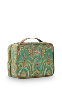 Gevoerde cosmetica tas met een groene stoffen buitenkant, bloemdessins in roze en oranje, tan lederen accenten en een handvat aan de bovenkant.