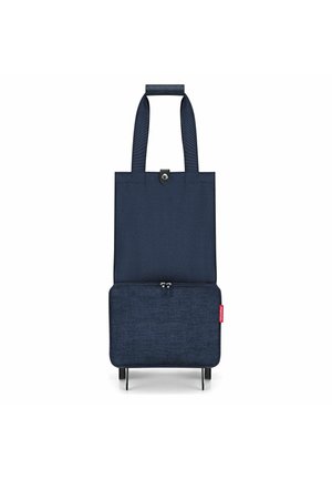 Dunkelblauer Einkaufstrolley mit zwei Griffen, Druckknopfverschluss, vorderer Reißverschlusstasche und zwei schwarzen Rädern.