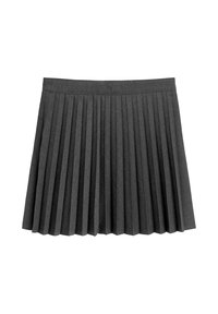 Jupe plissée gris foncé avec une taille ajustée, des plis verticaux régulièrement espacés et une courte longueur.