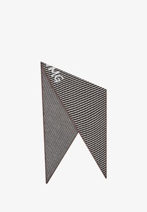 Textile product featuring a triangular shape with a striped black and white pattern, finished with a brown edge and branded text.