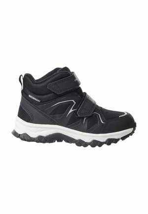 Scarponcino da trekking nero impermeabile con suola bianca, due strap in velcro e suola antiscivolo, progettato per bambini o piedi piccoli.