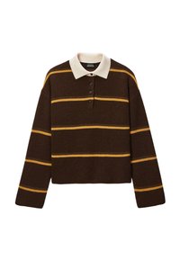 Polo en tricot rayé marron et crème avec des manches longues et un rabat à trois boutons. Présente des rayures horizontales jaunes et un tissu texturé.