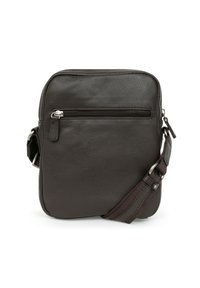 Borsa a tracolla in pelle marrone scuro con una finitura testurizzata, tasca frontale con zip e tracolla regolabile. Forma rettangolare compatta.