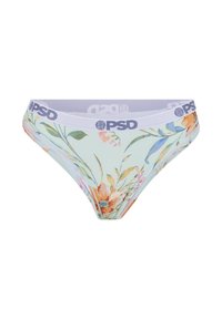 Slip bikini pour femme vert clair avec imprimé floral multicolore et ceinture blanche marquée du logo PSD en bleu foncé.