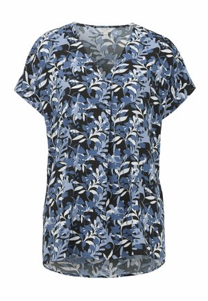 Schwarz-blaues, kurzärmliges Blusenshirt mit V-Ausschnitt und lockerem Schnitt, das ganz mit weißen und blauen Blattmustern versehen ist.