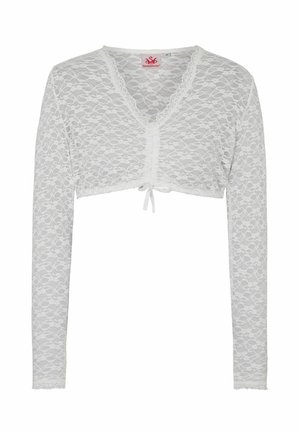 Weißes Spitzen-Crop-Top mit langen Ärmeln, V-Ausschnitt und einer Bindeschnur vorne. Hat ein florales Muster und einen strukturierten Stoff.