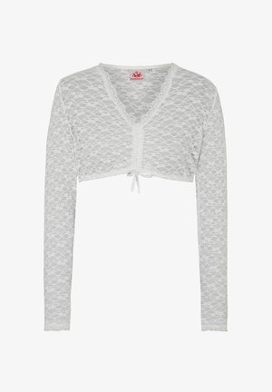 Weißes Spitzen-Crop-Top mit langen Ärmeln, V-Ausschnitt und einer Bindeschnur vorne. Hat ein florales Muster und einen strukturierten Stoff.