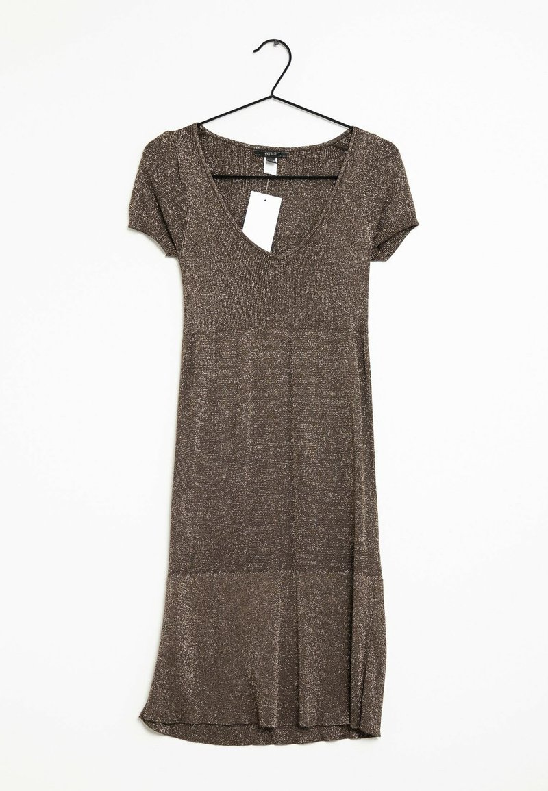 Robe marron scintillante à manches courtes et longueur genou avec décolleté en V, suspendue sur un cintre noir sur fond blanc avec une étiquette blanche.