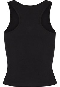 Musthave mustrikiga mustreidiga musta värvi tank top, millel on ilma varrukateta disain, sobiv vorm ja pehme tekstuur. Ükski logo ega muster ei ole nähtav.