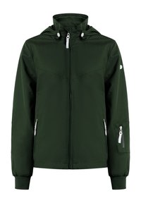 Veste à capuche verte avec fermeture éclair sur le devant, dotée de finitions blanches, de deux poches avant et de poignets élastiques. Fabriquée dans un matériau léger.