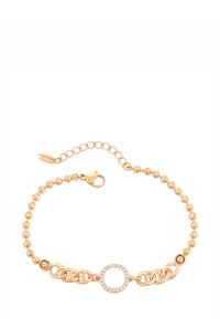 Bracciale in oro con catena di perline, anelli ovali e un ciondolo circolare incastonato con piccoli cristalli trasparenti, dotato di chiusura a gancio e catena di estensione.