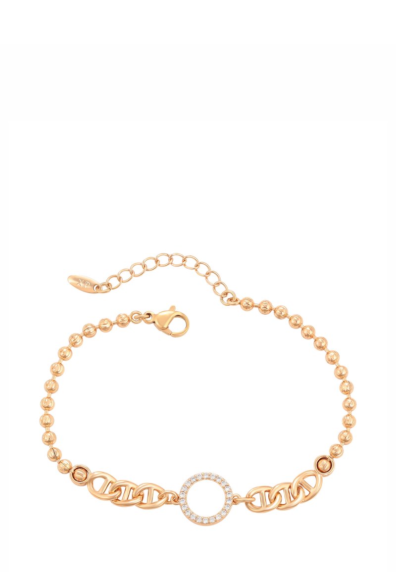 Bracciale in oro con catena di perline, anelli ovali e un ciondolo circolare incastonato con piccoli cristalli trasparenti, dotato di chiusura a gancio e catena di estensione.