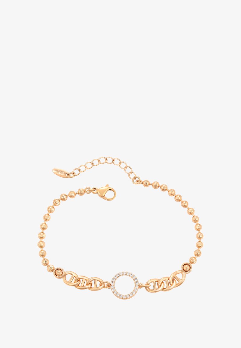 Arany karkötő gyöngyös lánccal, ovális gyűrűkkel és kerek medállal, amelyet apró, tiszta kristályok díszítenek, ráadásul rákcsipeszes zár és hosszabbító lánc is tartozik hozzá.