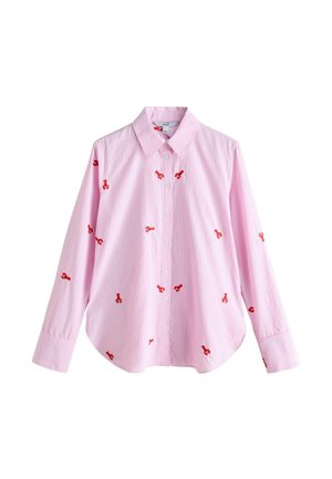 Pink button-up shirt with horizontal stripes and red lobster embroidery. Features a collar and long sleeves with buttoned cuffs.