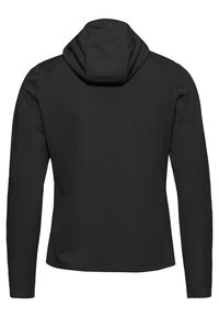 Black long-sleeve hoodie with a textured, ribbed pattern. Features a rounded hood and fitted sleeves, with a smooth fabric finish.
