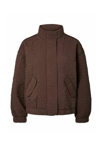 Chaqueta marrón acolchada con cuello alto, decorada con patrones florales, dos bolsillos laterales y puños elásticos en las mangas y el dobladillo.