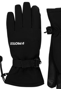 Čierne nepremokavé rukavice s nastaviteľným zápästným pásikom, s textúrovanými dlaňami a logom na zadnej strane. Mäkčená látka a izolačný dizajn.