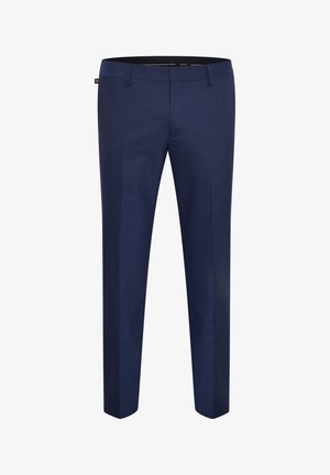 Marineblaue maßgeschneiderte Hose aus einem glatten Stoff, mit schmaler Passform und flacher Vorderseite ohne sichtbare Taschen oder Verzierungen.