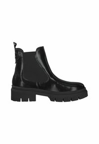 Botte chevillère en cuir noir avec une finition brillante, panneaux élastiques sur les côtés et une semelle crantée épaisse. Dotée d'une languette pour un enfilage facile.
