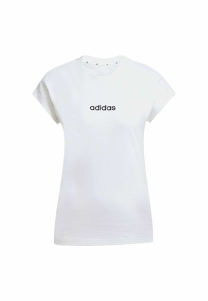 Hvit bomull t-skjorte med korte ermer, med en svart "adidas" logo foran. Enkel design og glatt tekstur.