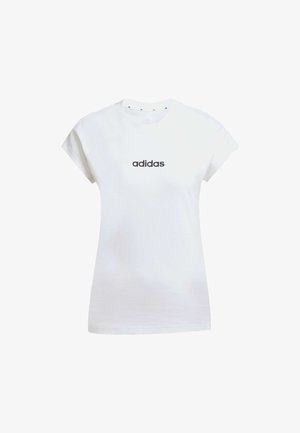 T-shirt bianco in cotone a maniche corte, con il logo "adidas" nero sul davanti. Design semplice e texture morbida.