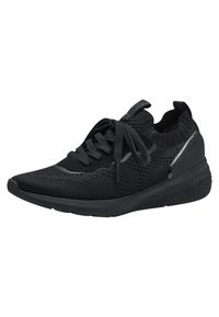 Baskets de sport noires avec une tige en tricot, des détails en maille texturée, un bout arrondi et une semelle rembourrée. Présente des accents réfléchissants et des lacets.
