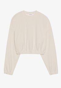 Cremfarbener, kurz geschnittener Pullover mit langen Ärmeln, geripptem Textil und elastischem Saum. Schlichter Rundhalsausschnitt und überschnittene Schultern.