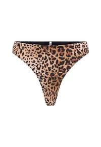Bikini donji dio s leopard uzorkom, glatke teksture, s crnim obrubom i niskim strukom.