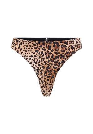 Leopardenmuster Thong-Bikinihose mit glatter Textur, schwarzem Besatz und niedrigem Schnitt.