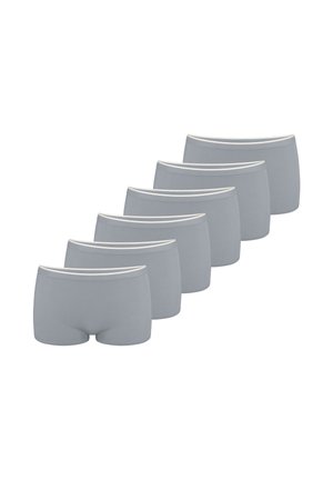 Seks par grå bomuldsundertøj i kort model med en hvid elastisk talje. Hver par har en glat tekstur og minimalistisk design.