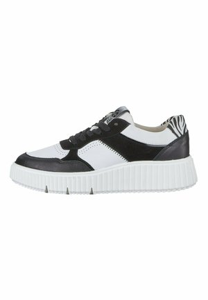 Schwarz-weißer Sneaker mit einer strukturierten Gummisohle, Leder- und Wildlederakzenten, mit einem Zebra-Muster an der Ferse und an den Schnürsenkeln.