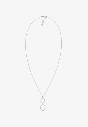 Sølv kædedesign med en infinity-formet vedhæng udsmykket med små klare ædelsten, der fremhæver en glat overflade og minimalistisk stil.