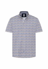 Camicia a maniche corte con un motivo geometrico blu e crema, in materiale cotone, colletto a camicia, con bottoni frontali e orlo semplice.