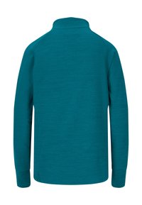 Tealfärgad långärmad tröja med hög krage. Mjuk, texturerad tyg, ribbade muddar och inga synliga mönster eller detaljer. Endast bakvy.