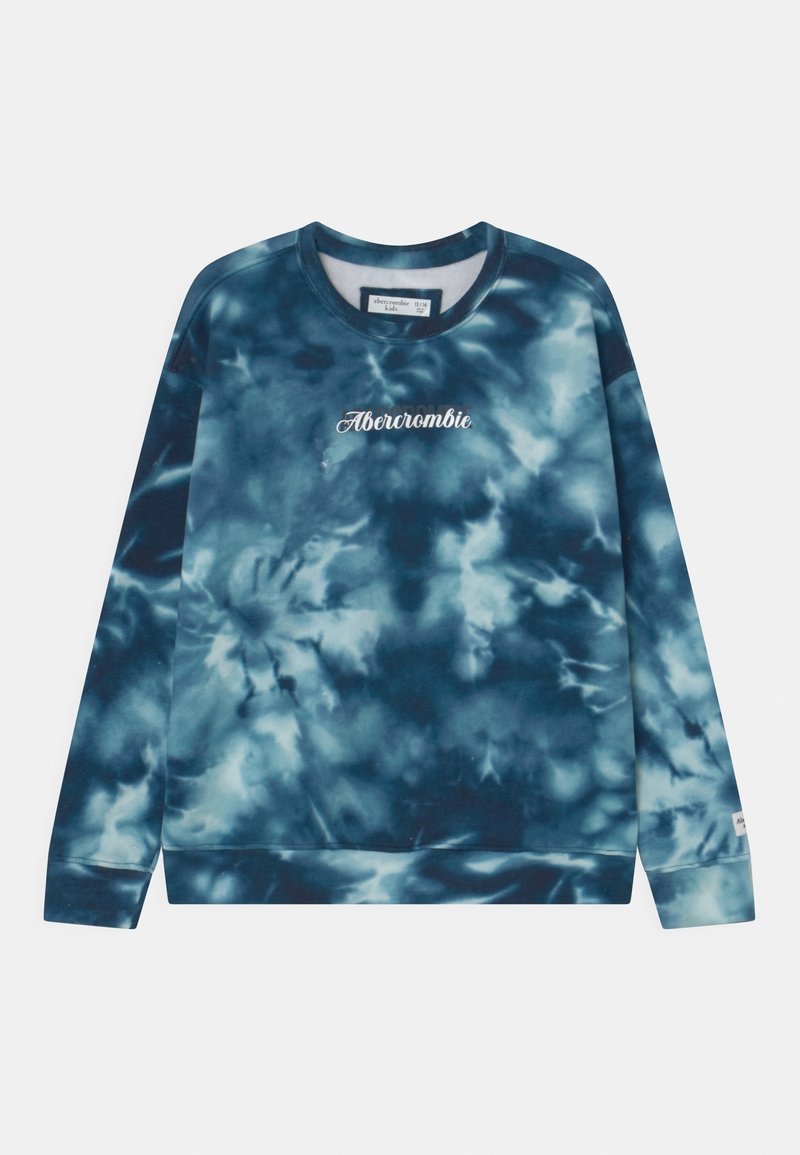 Felpa blu tie-dye con maniche lunghe e collo a costine. Presenta la scritta bianca "Abercrombie" sul petto. Tessuto morbido e vestibilità rilassata.