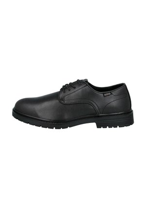 Zapato de vestir de cuero negro con diseño de cordones, punta redondeada, suela texturizada y detalle de marca en el lateral. Acabado de superficie lisa.