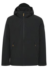 Veste noire à capuche avec fermeture éclair sur le devant, deux poches inclinées et sangles ajustables aux poignets, conçue pour temps froid.