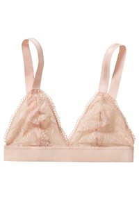 Bralette in pizzo di colore rosa chiaro, con coppe triangolari, spalline in satin regolabili e una morbida fascia elastica sottostante con bordi ondulati.