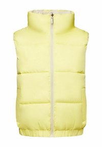 Gilet imbottito di colore giallo chiaro. Caratterizzato da un alto colletto, chiusura con zip e tasche laterali. Realizzato in tessuto liscio e trapuntato con una morbida consistenza.