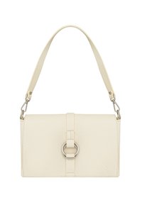 Sac à main rectangulaire en cuir couleur crème avec une courte bandoulière et un détail de cercle argenté sur le devant.