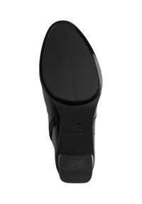 Suola di scarpa nera con battistrada testurizzato, caratterizzata da una parte superiore liscia e un logo. Taglia 37 contrassegnata sulla suola, che indica la misura europea.