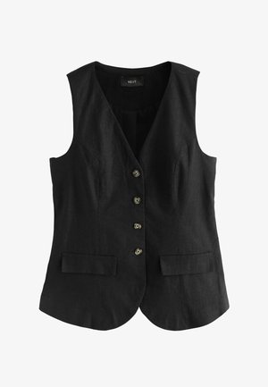 Fekete lenvászon ujjatlan mellény V-nyakkivágással, öt gombbal az elején, két első zsebbel és sima textúrával.