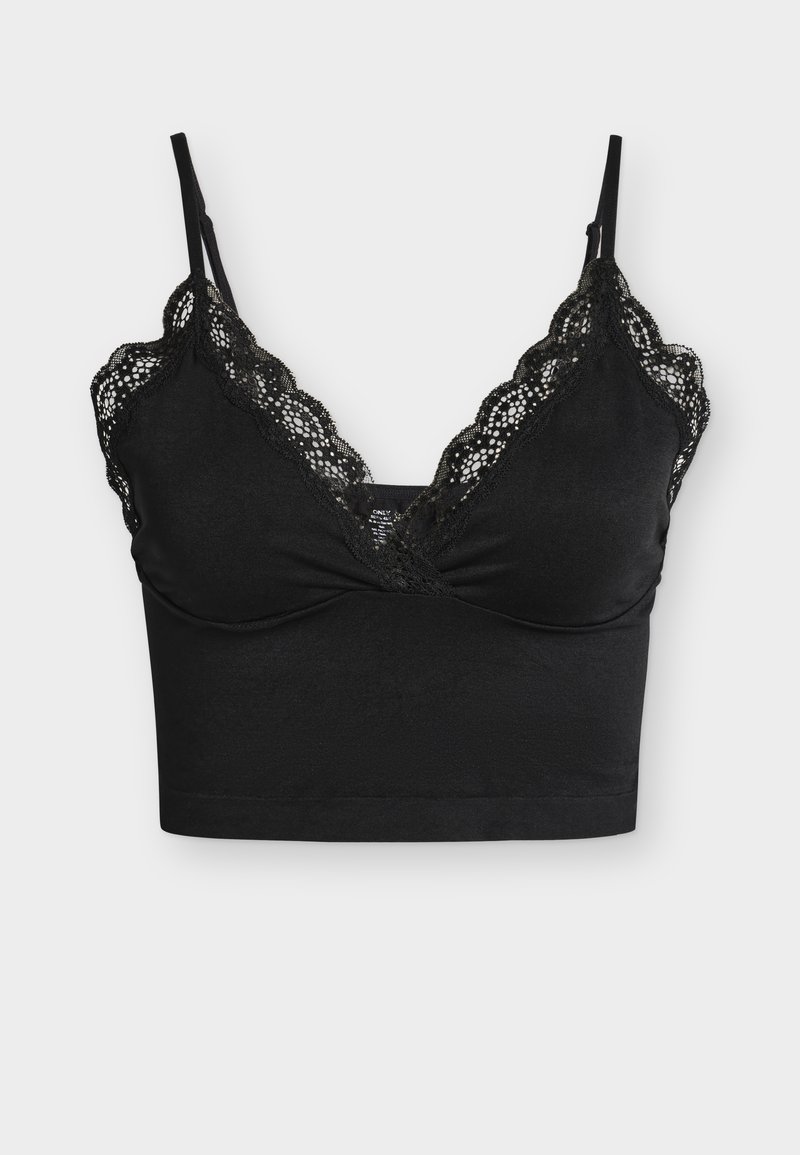 Μαύρο κοντό τοπ με τιράντες τύπου καμί και δαντέλα κατά μήκος της V-λαιμόκοψης, με ρυθμιζόμενες λουρίδες στους ώμους, παρουσιασμένο σε απλό ανοιχτό φόντο.