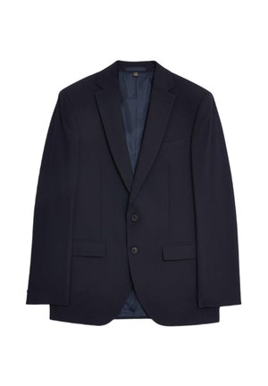 Blazer bleu marine en tissu à texture lisse. Équipé d'une fermeture à deux boutons, de revers crantés et de deux poches avant.