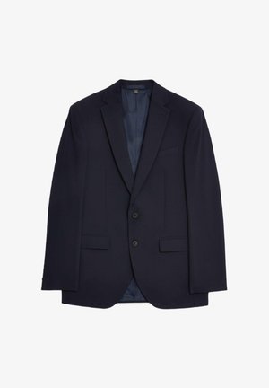 Blazer blu navy realizzato in tessuto caratterizzato da una superficie liscia. Presenta una chiusura a due bottoni, rever a scollo a V e due tasche frontali.