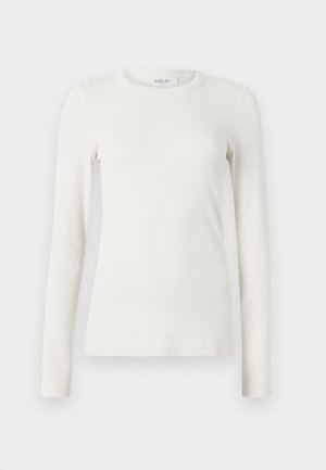 Long-sleeve white t-shirt, made of soft fabric, featuring a round neck and a fitted design with minimal seams and no visible patterns or accents.