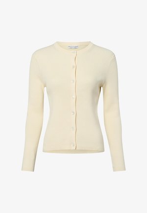 Ribbed cream cardigan with long sleeves, round neckline, and front buttons. Made of soft fabric, featuring a slim fit and subtle texture.